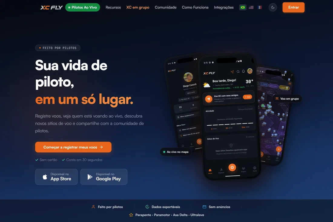 Interface do XCFly — aplicativo para pilotos de voo livre